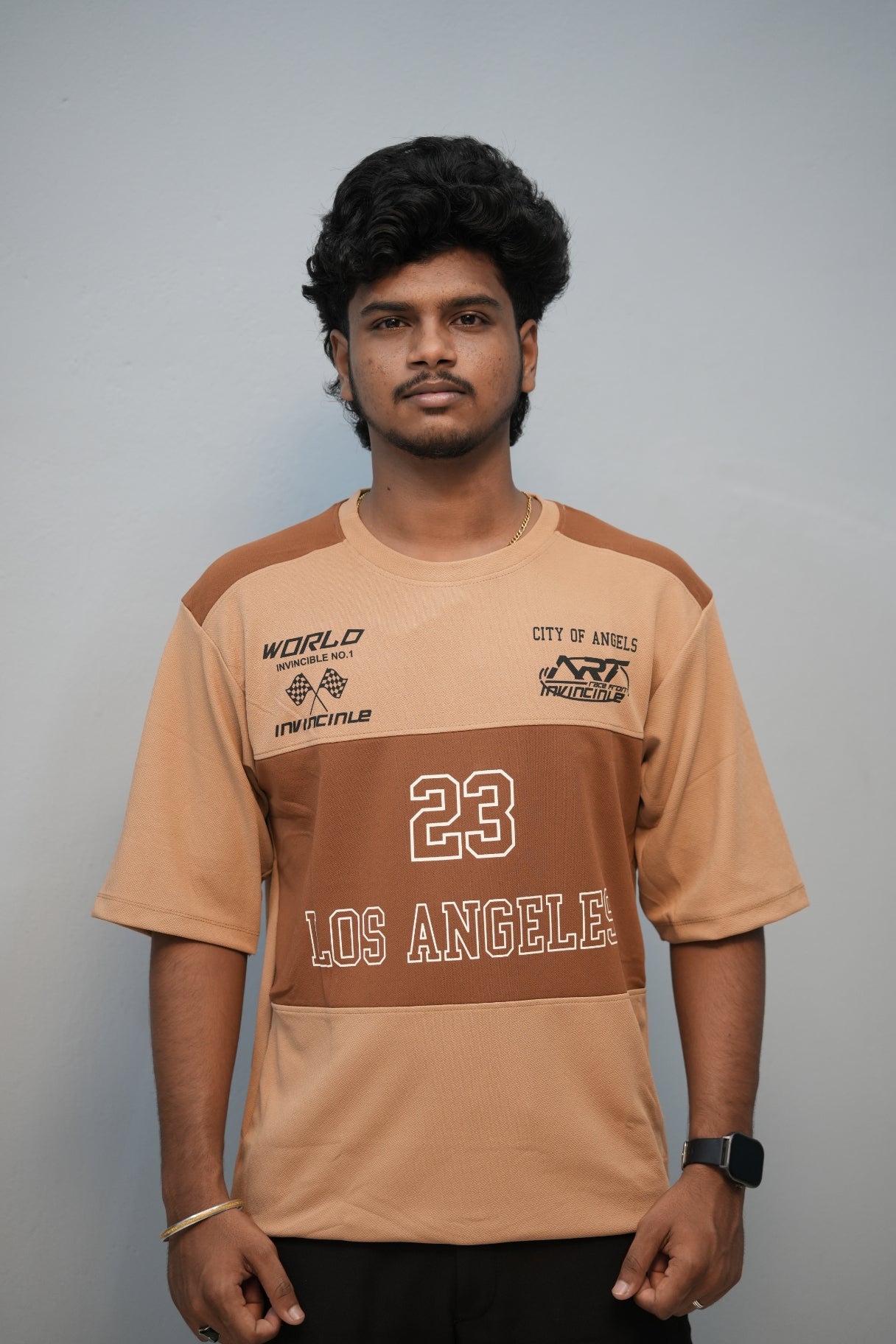 Men’s Oversized Printed Round Neck T-Shirt – Los Angeles 23 Street Style - Sandle with Dark Brown