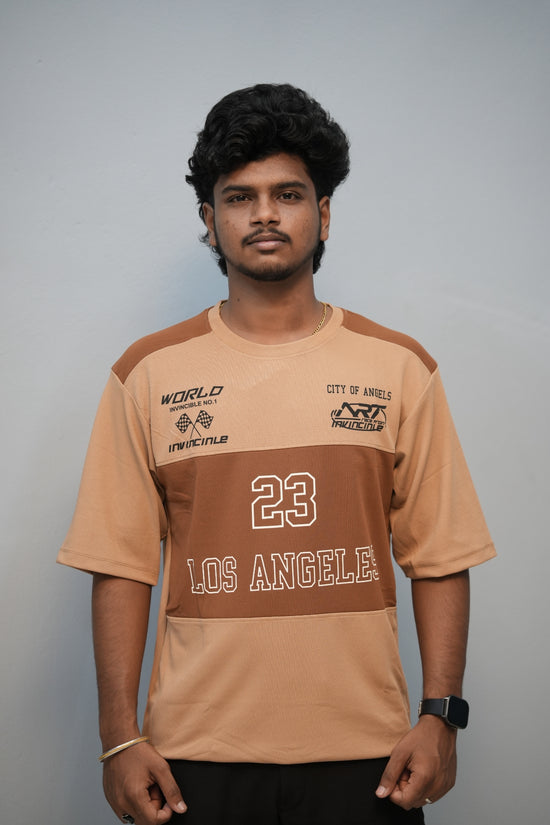 Men’s Oversized Printed Round Neck T-Shirt – Los Angeles 23 Street Style - Sandle with Dark Brown