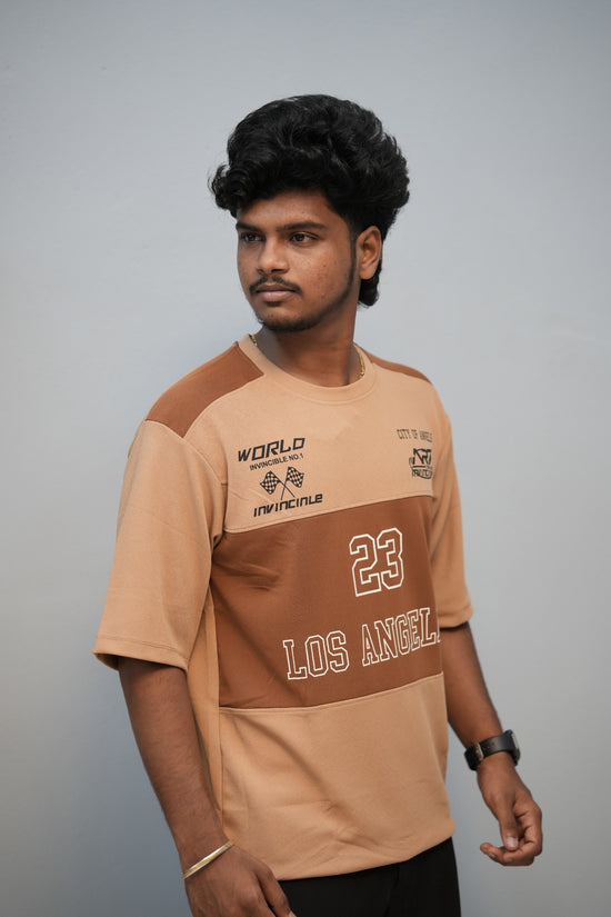Men’s Oversized Printed Round Neck T-Shirt – Los Angeles 23 Street Style - Sandle with Dark Brown