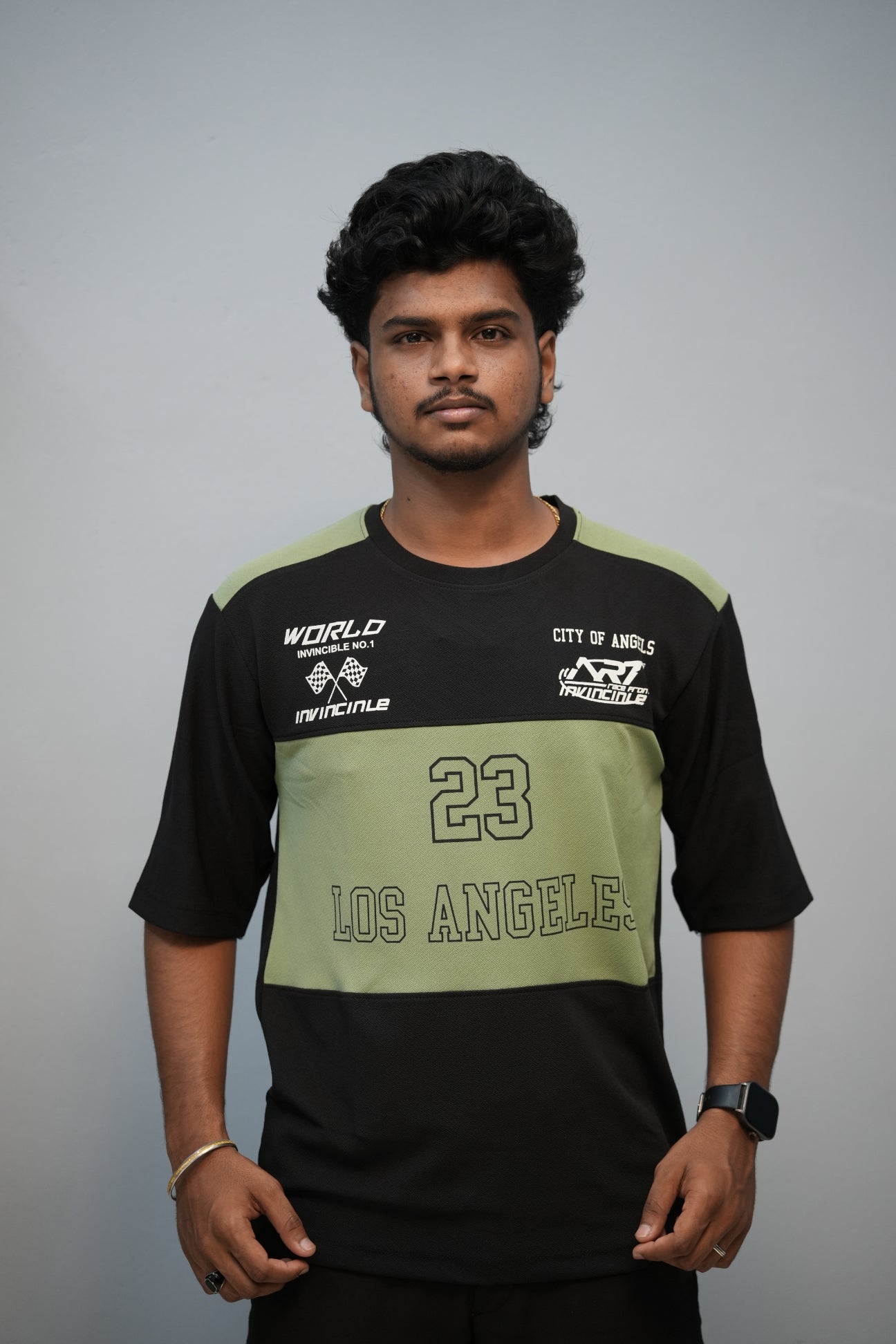 Men’s Oversized Printed Round Neck T-Shirt – Los Angeles 23 Street Style - Black With Pistha Green