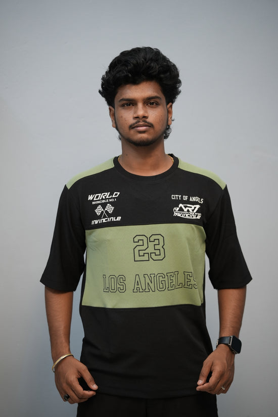 Men’s Oversized Printed Round Neck T-Shirt – Los Angeles 23 Street Style - Black With Pistha Green