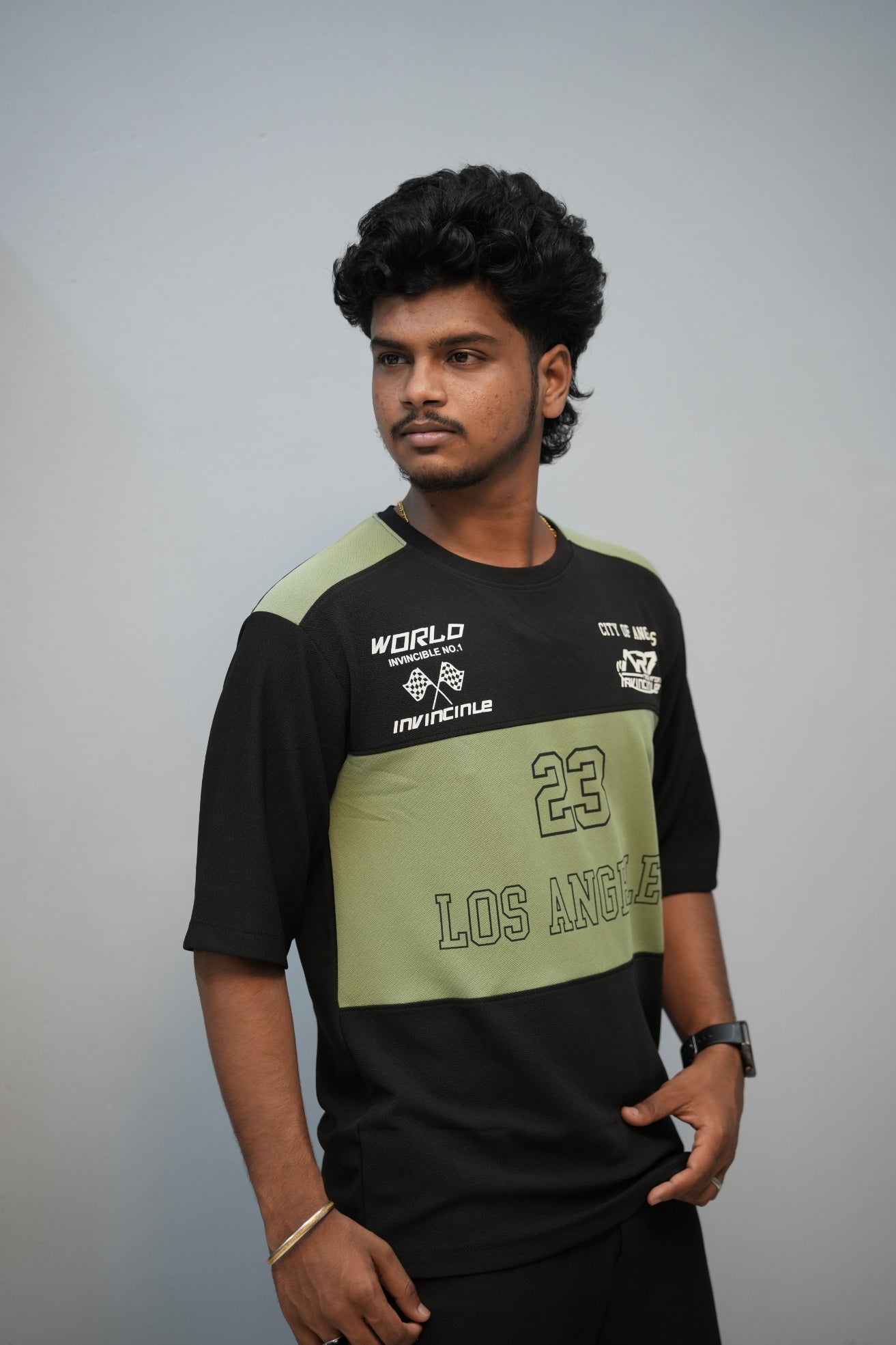 Men’s Oversized Printed Round Neck T-Shirt – Los Angeles 23 Street Style - Black With Pistha Green