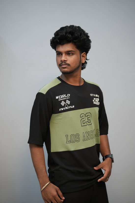 Men’s Oversized Printed Round Neck T-Shirt – Los Angeles 23 Street Style - Black With Pistha Green