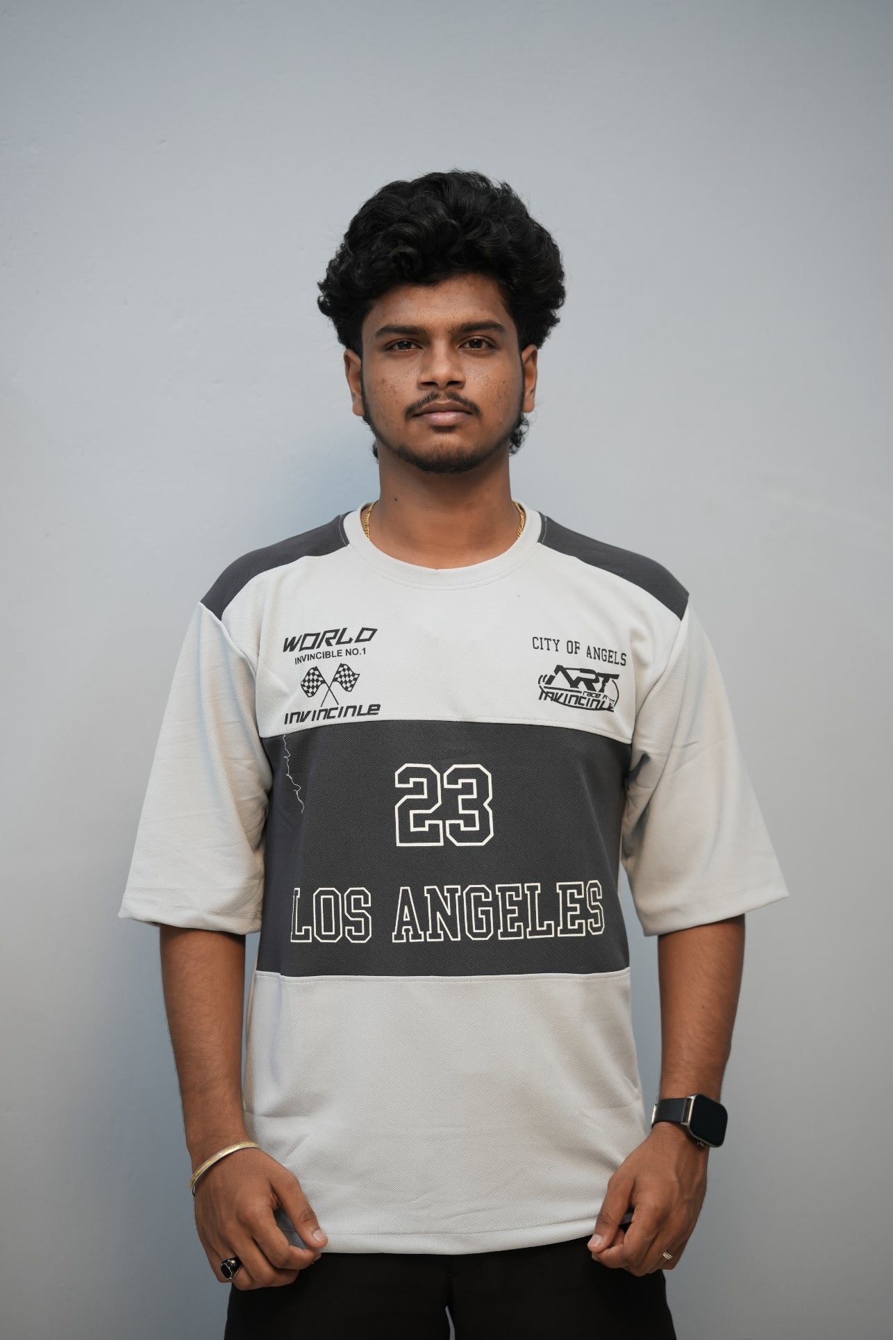 Men’s Oversized Printed Round Neck T-Shirt – Los Angeles 23 Street Style - Ash With Dark Grey