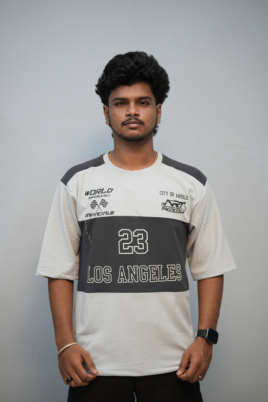 Men’s Oversized Printed Round Neck T-Shirt – Los Angeles 23 Street Style - Ash With Dark Grey