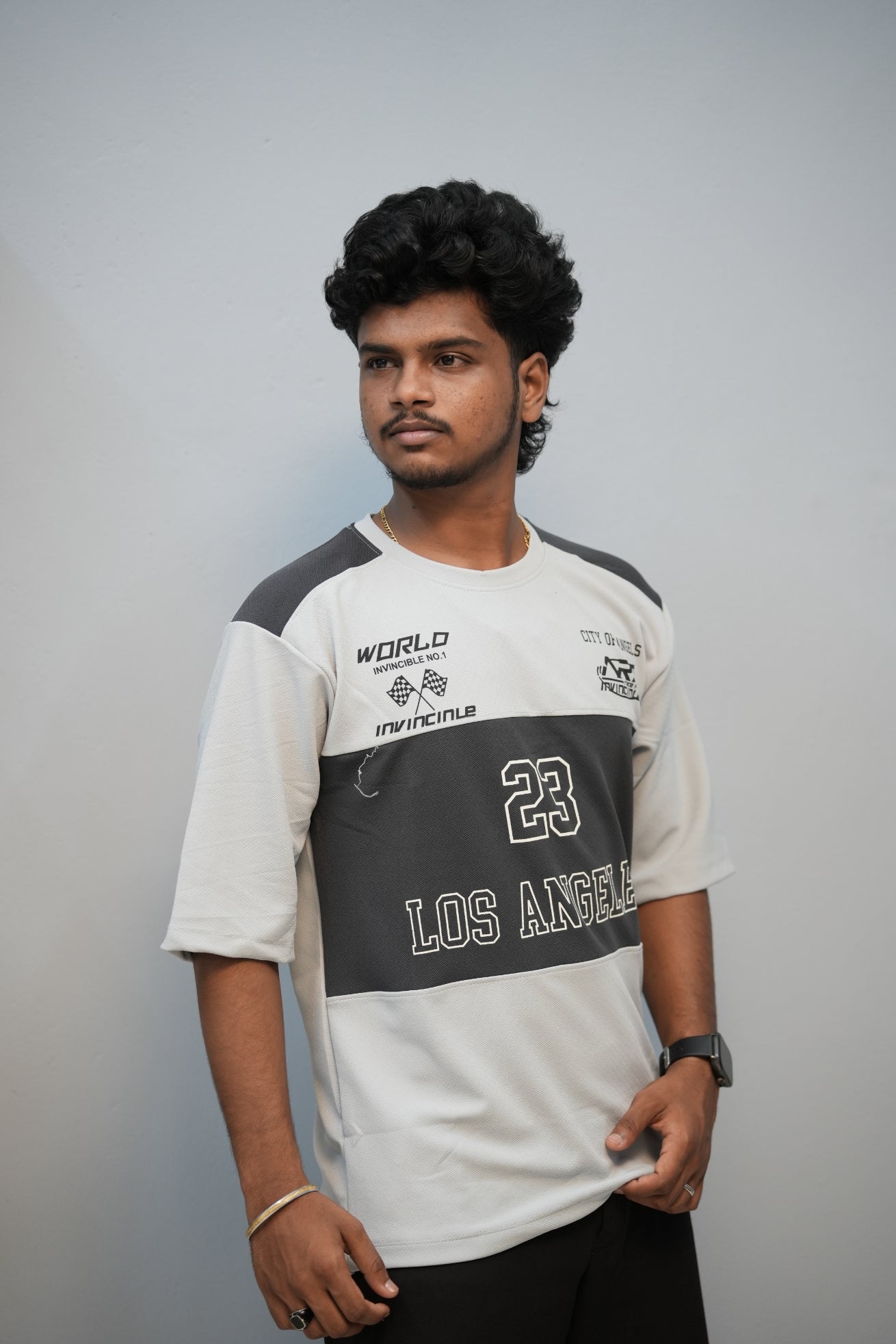 Men’s Oversized Printed Round Neck T-Shirt – Los Angeles 23 Street Style - Ash With Dark Grey