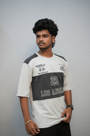 Men’s Oversized Printed Round Neck T-Shirt – Los Angeles 23 Street Style - Ash With Dark Grey