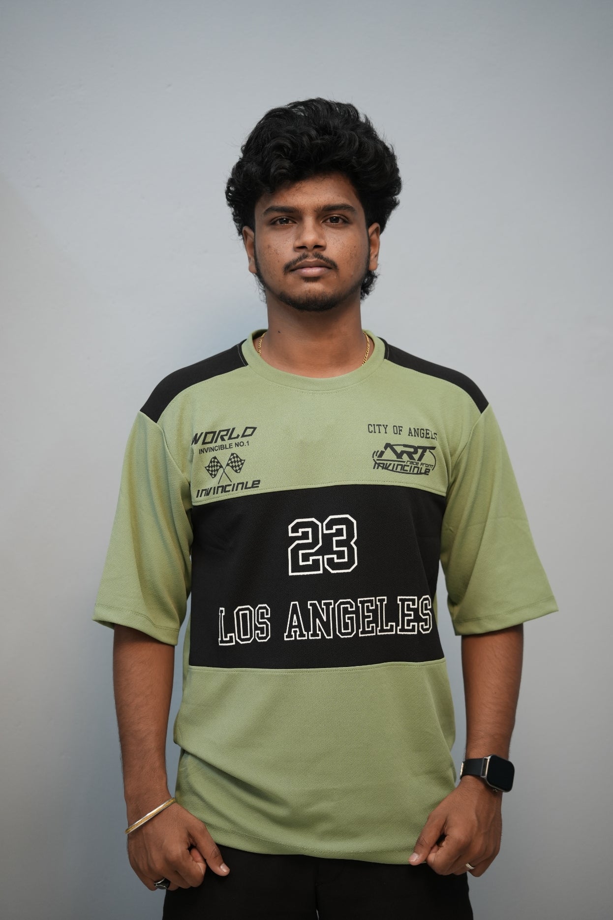 Men’s Oversized Printed Round Neck T-Shirt – Los Angeles 23 Street Style - Pista Green With Black