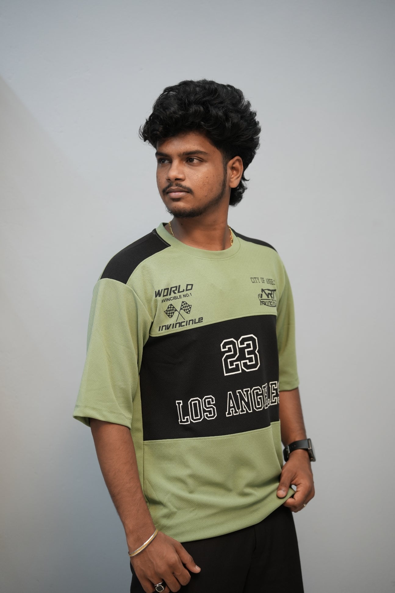 Men’s Oversized Printed Round Neck T-Shirt – Los Angeles 23 Street Style - Pista Green With Black