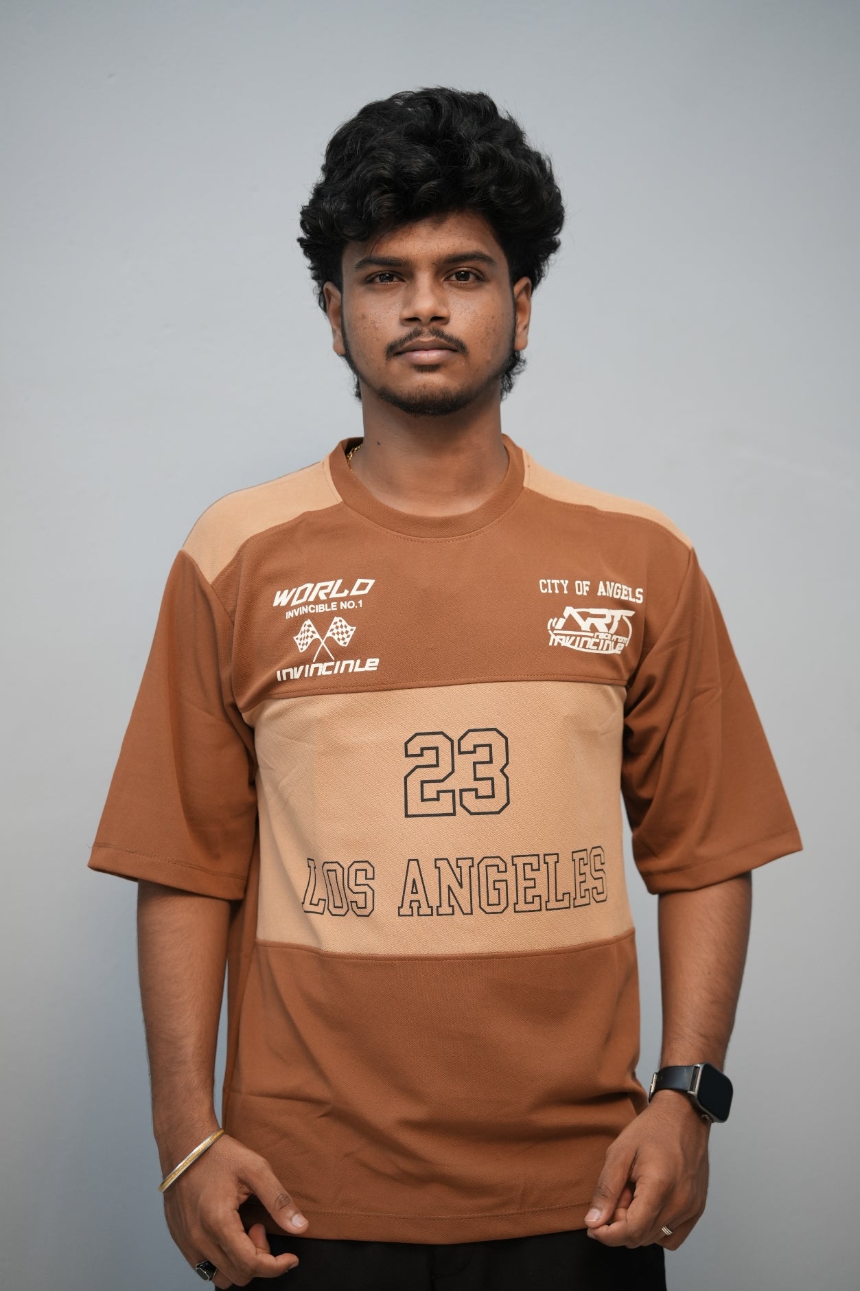 Men’s Oversized Printed Round Neck T-Shirt – Los Angeles 23 Street Style - Dark Brown With  Sandle