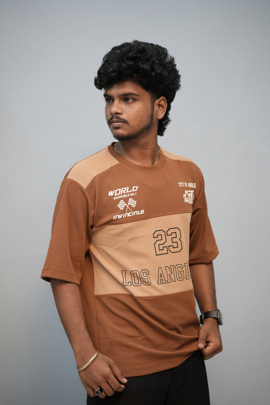 Men’s Oversized Printed Round Neck T-Shirt – Los Angeles 23 Street Style - Dark Brown With  Sandle