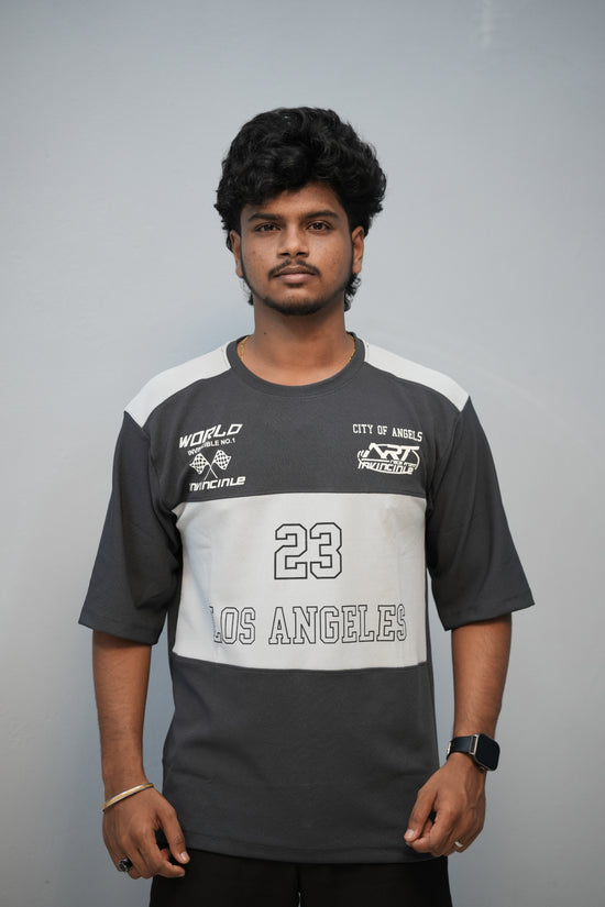 Men’s Oversized Printed Round Neck T-Shirt – Los Angeles 23 Street Style - Dark Grey With Ash