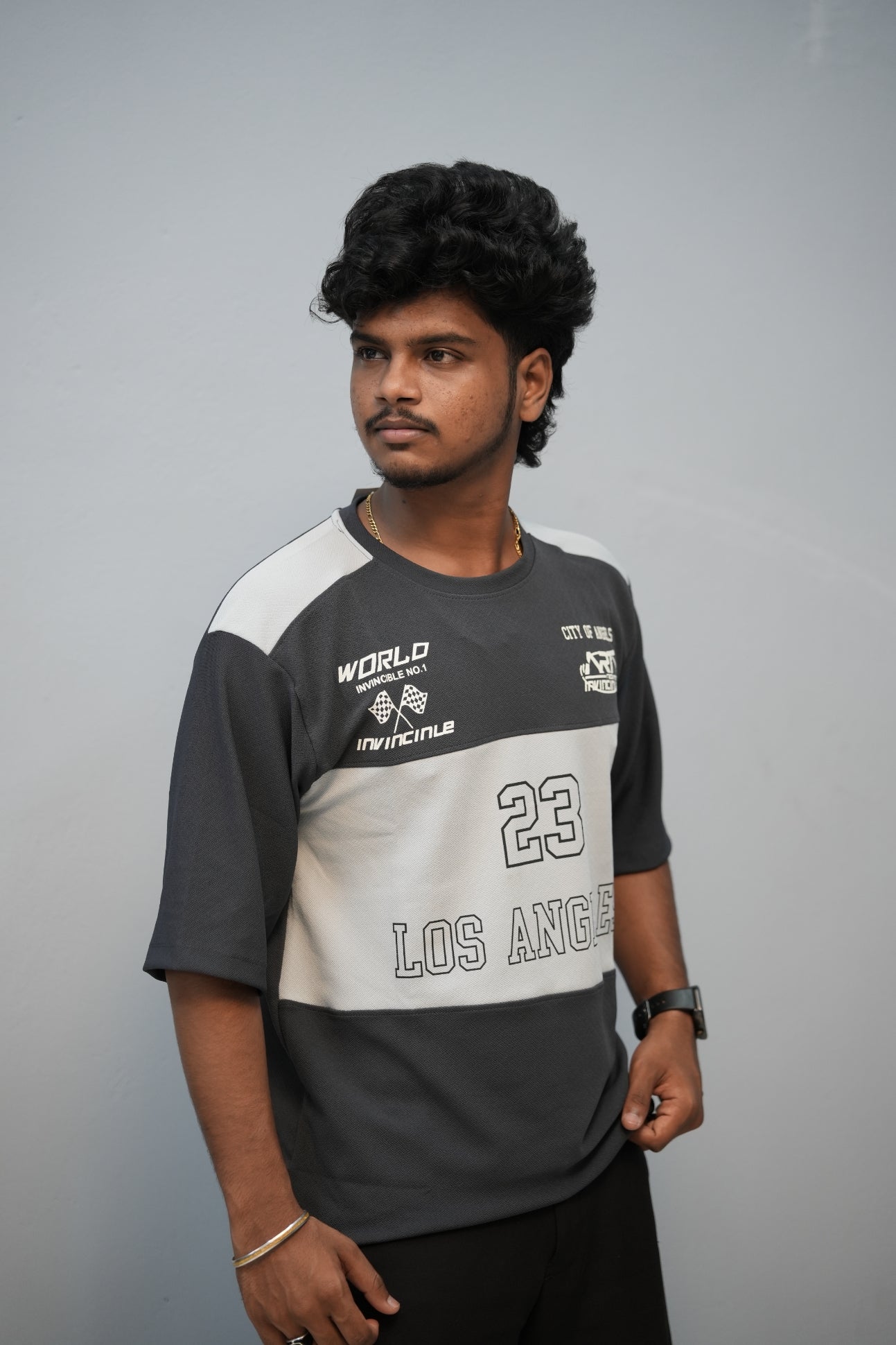 Men’s Oversized Printed Round Neck T-Shirt – Los Angeles 23 Street Style - Dark Grey With Ash