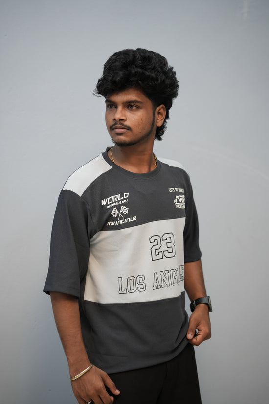 Men’s Oversized Printed Round Neck T-Shirt – Los Angeles 23 Street Style - Dark Grey With Ash