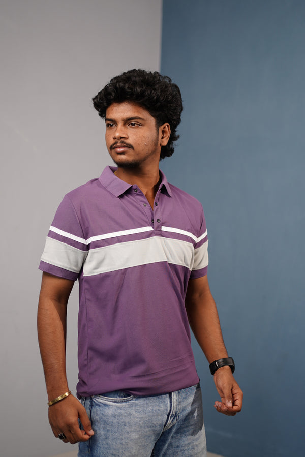Short Sleeve Collar Neck Stripe Polo T-Shirt for Men CHEST BORDER – Trendy Casual Fit - Violet