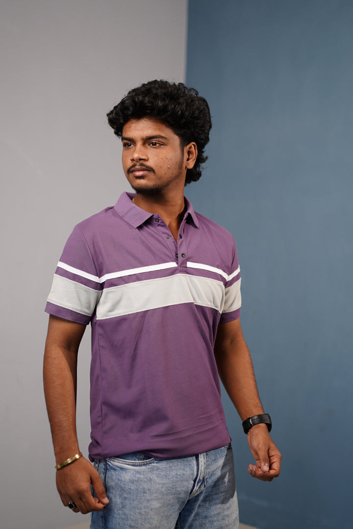 Short Sleeve Collar Neck Stripe Polo TShirt for Men  Trendy Casual Fit  Violet mens trending streetwear India 7Man
