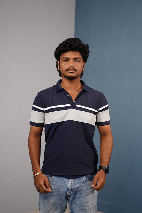 Short Sleeve Collar Neck Stripe Polo T-Shirt for Men CHEST BORDER– Trendy Casual Fit - Navy Blue – alternate view – 7MAN India