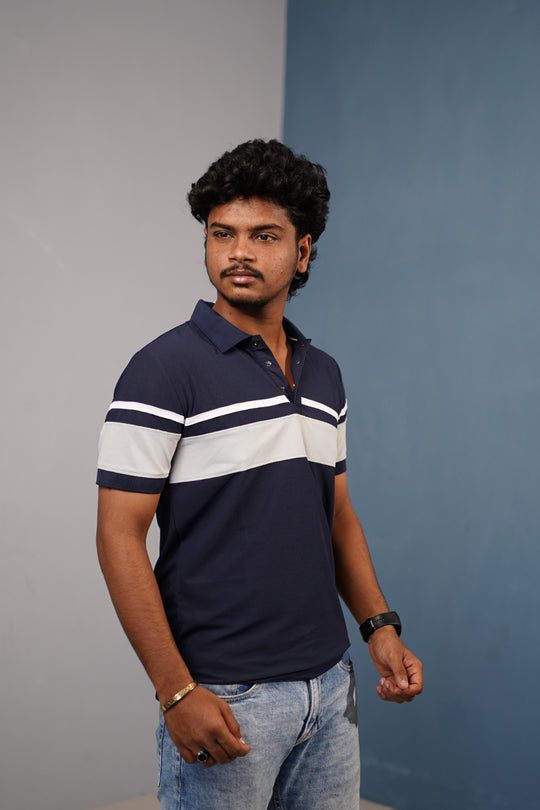 Short Sleeve Collar Neck Stripe Polo T-Shirt for Men CHEST BORDER– Trendy Casual Fit - Navy Blue – 7MAN Men's Fashion India
