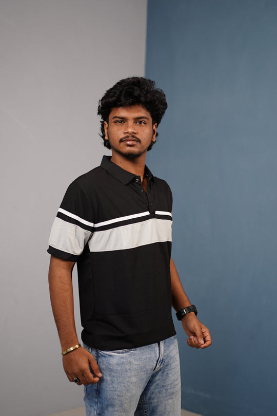 Short Sleeve Collar Neck Stripe Polo T-Shirt for Men CHEST BORDER– Trendy Casual Fit - Black – 7MAN Men's Fashion India