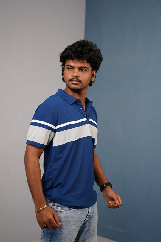 Short Sleeve Collar Neck Stripe Polo T-Shirt for Men CHEST BORDER– Trendy Casual Fit - Petrol Blue – 7MAN Men's Fashion India