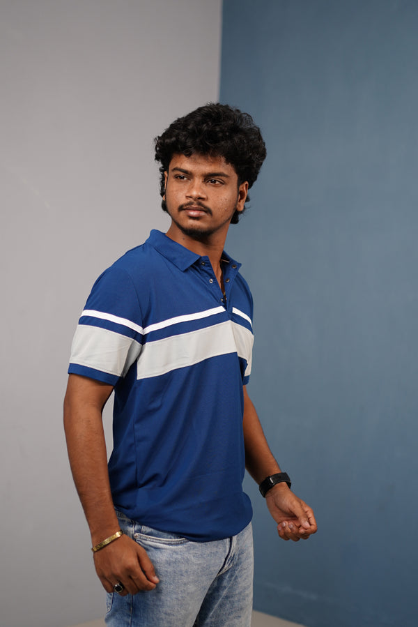 Short Sleeve Collar Neck Stripe Polo T-Shirt for Men CHEST BORDER– Trendy Casual Fit - Petrol Blue
