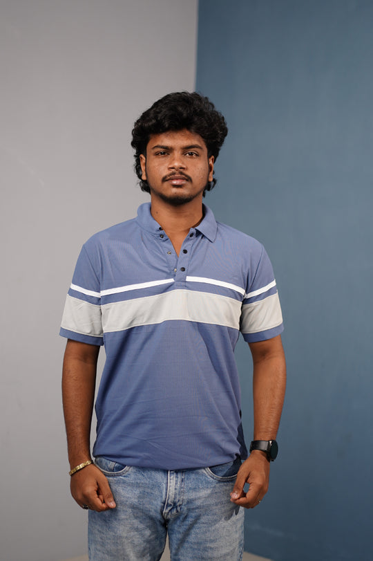 Short Sleeve Collar Neck Stripe Polo T-Shirt for Men CHEST BORDER– Trendy Casual Fit - Blue – alternate view – 7MAN India