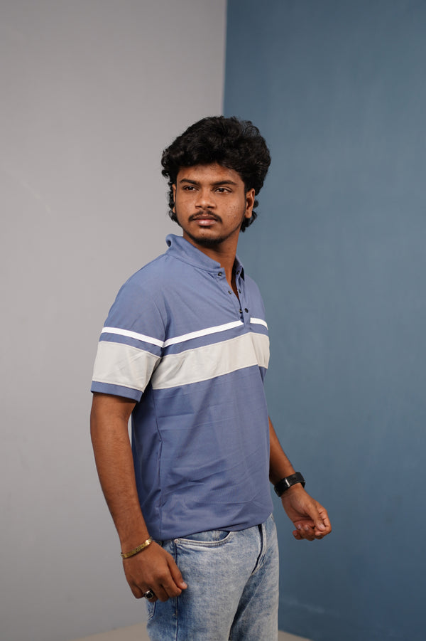Short Sleeve Collar Neck Stripe Polo T-Shirt for Men CHEST BORDER– Trendy Casual Fit - Blue