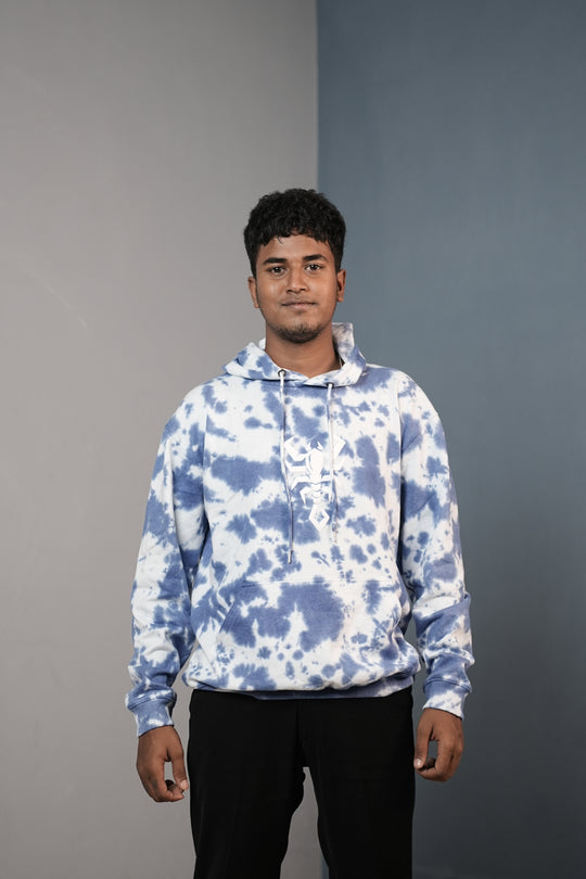 Men’s Full Sleeve Tie-Die Scorpio Printed Hoodie-White with Blue – 7MAN Men's Fashion India