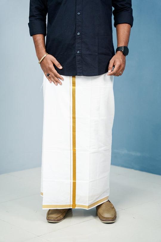 Premium White Cotton Dhoti with Gold Zari Border – 7MAN Men's Fashion India