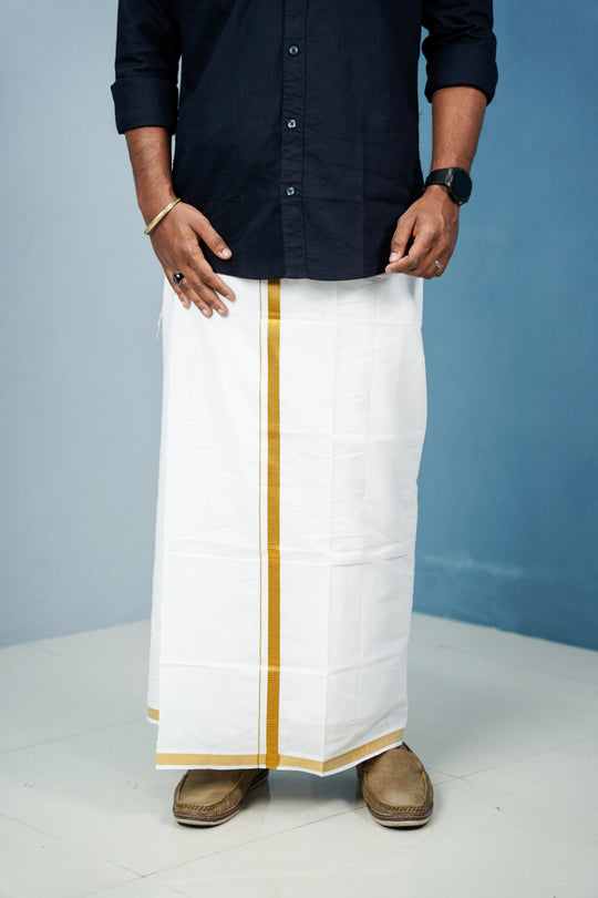 Premium White Cotton Dhoti with Gold Zari Border – alternate view – 7MAN India