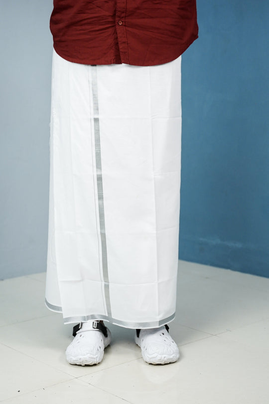 Premium White Cotton Dhoti with Silver Zari Border – 7MAN Men's Fashion India