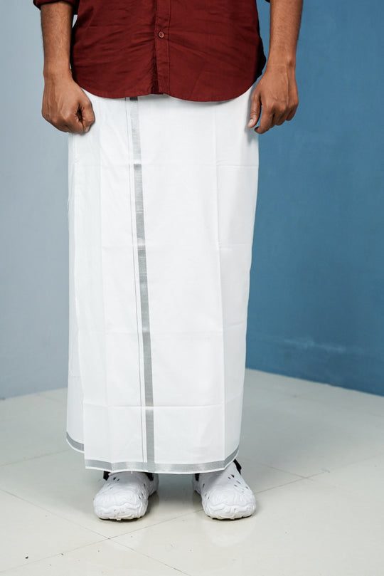 Premium White Cotton Dhoti with Silver Zari Border – alternate view – 7MAN India