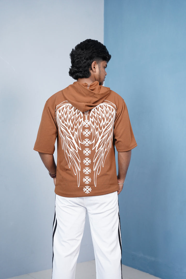 Five Sleeve WINGS Print Hoodie and Baggy Pant Coord Set for Men  Dark Brown mens trending streetwear India 7Man