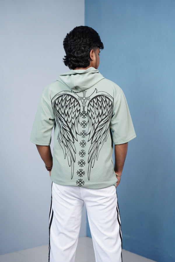 Five Sleeve WINGS Print Hoodie for Men - Pista Green