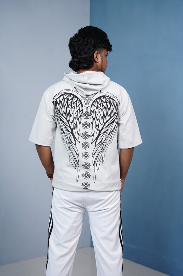 Five Sleeve WINGS Print Hoodie for Men - Ash