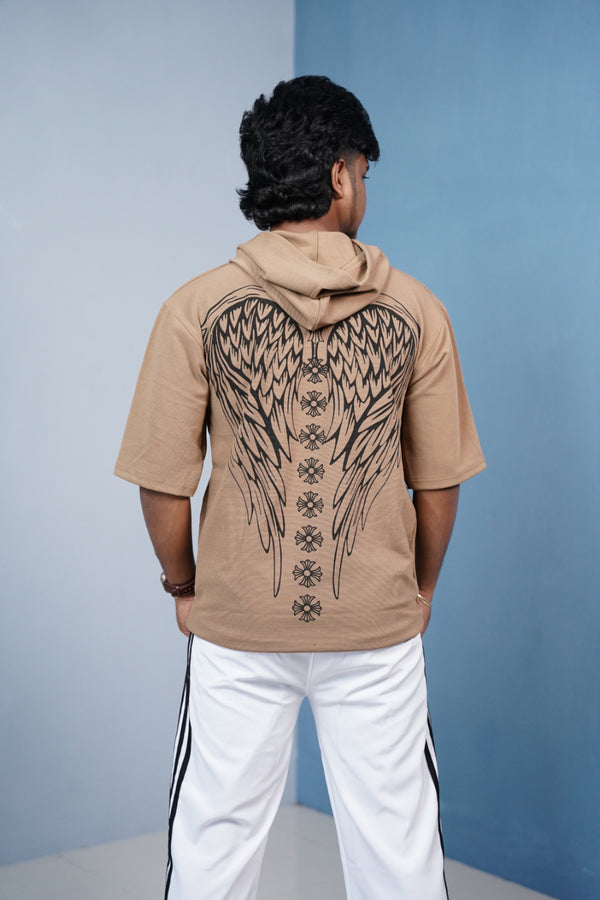 Five Sleeve WINGS Print Hoodie for Men - Light Brown
