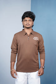 Premium Ribbed Korean Zipper Polo | Men’s Full Sleeve Tshirt - Brown
