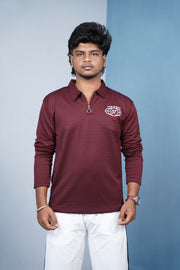Premium Ribbed Korean Zipper Polo | Men’s Full Sleeve Tshirt - Maroon