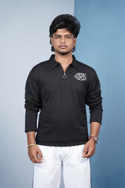 Premium Ribbed Korean Zipper Polo | Men’s Full Sleeve Tshirt - Black