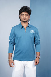 Premium Ribbed Korean Zipper Polo | Men’s Full Sleeve Tshirt -Petrol Blue