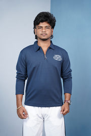 Premium Ribbed Korean Zipper Polo | Men’s Full Sleeve Tshirt - Navy Blue