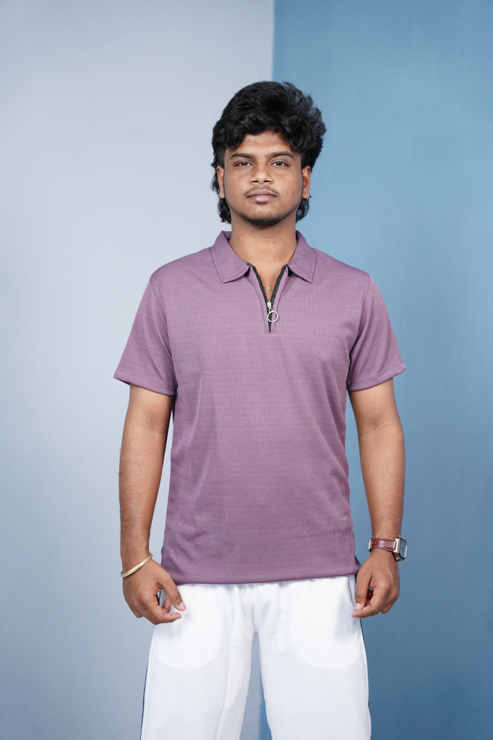Mario Rib Korean Zipper TShirt for Men  Half Sleeve Polo Zip Neck  Purple mens trending streetwear India 7Man