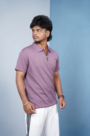 Mario Rib Korean Zipper T-Shirt for Men | Half Sleeve Polo Zip Neck - Purple