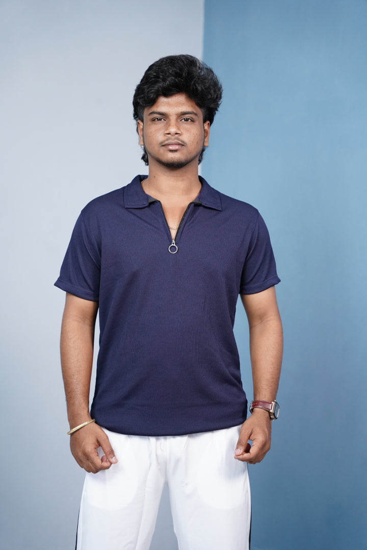 Mario Rib Korean Zipper T-Shirt for Men | Half Sleeve Polo Zip Neck - Navy Blue
