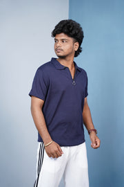 Mario Rib Korean Zipper T-Shirt for Men | Half Sleeve Polo Zip Neck - Navy Blue