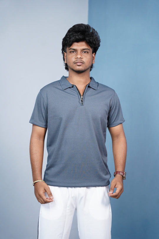 Mario Rib Korean Zipper T-Shirt for Men | Half Sleeve Polo Zip Neck - Grey – 7MAN Men's Fashion India