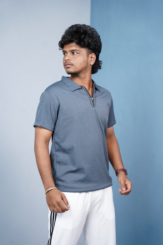 Mario Rib Korean Zipper T-Shirt for Men | Half Sleeve Polo Zip Neck - Grey – alternate view – 7MAN India