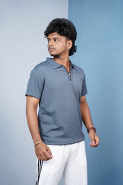 Mario Rib Korean Zipper T-Shirt for Men | Half Sleeve Polo Zip Neck - Grey
