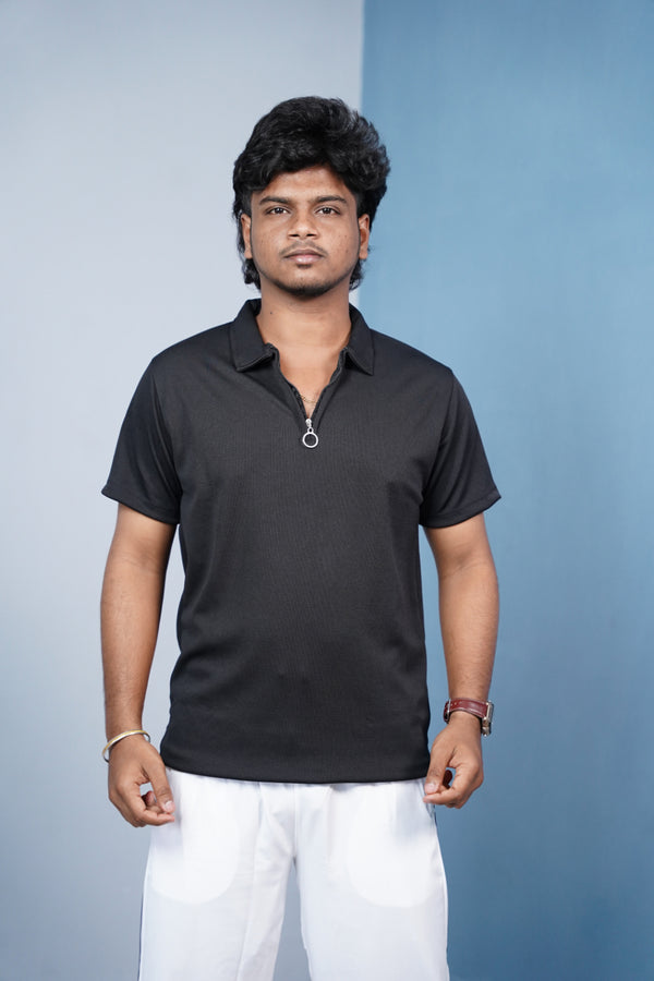 Mario Rib Korean Zipper T-Shirt for Men | Half Sleeve Polo Zip Neck - Black