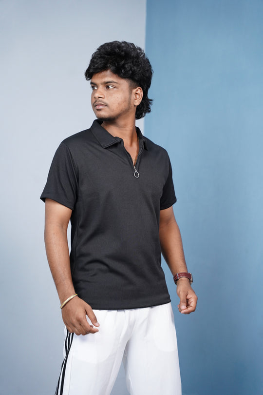 Mario Rib Korean Zipper T-Shirt for Men | Half Sleeve Polo Zip Neck - Black – alternate view – 7MAN India